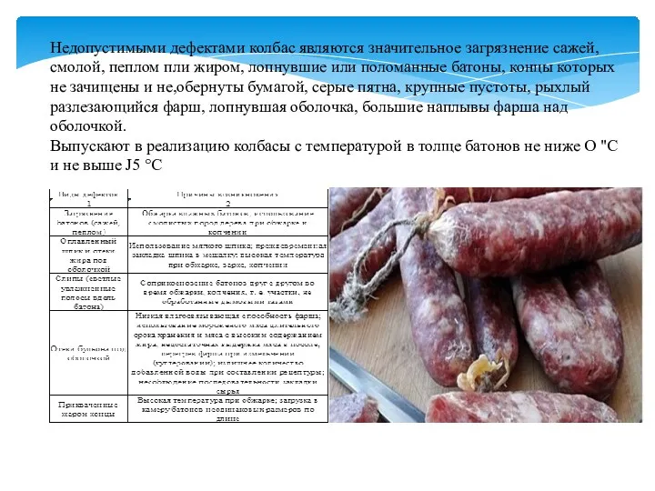 Недопустимыми дефектами колбас являются значительное загрязнение сажей, смолой, пеплом пли