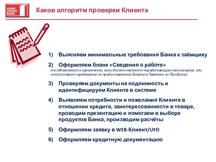 Каков алгоритм проверки Клиента Выясняем минимальные требования Банка к заёмщику