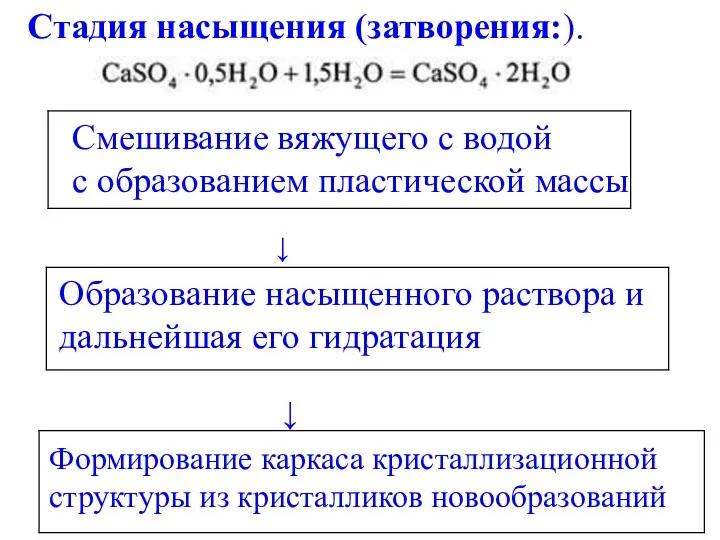 Стадия насыщения (затворения:). Смешивание вяжущего с водой с образованием пластической массы ↓ Образование