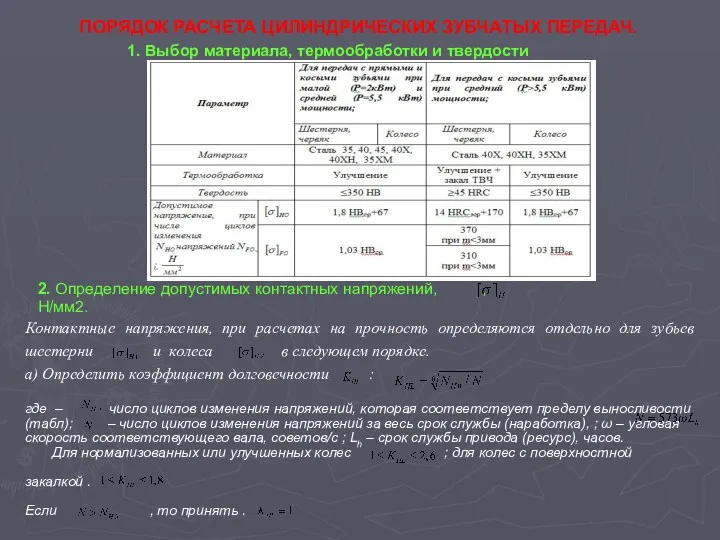 ПОРЯДОК РАСЧЕТА ЦИЛИНДРИЧЕСКИХ ЗУБЧАТЫХ ПЕРЕДАЧ. 1. Выбор материала, термообработки и