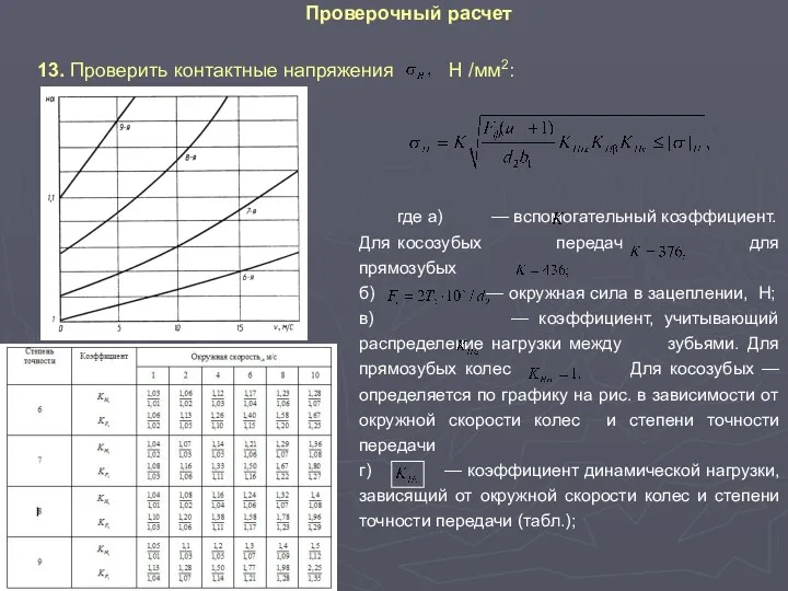 Проверочный расчет где а) — вспомогательный коэффициент. Для косозубых передач