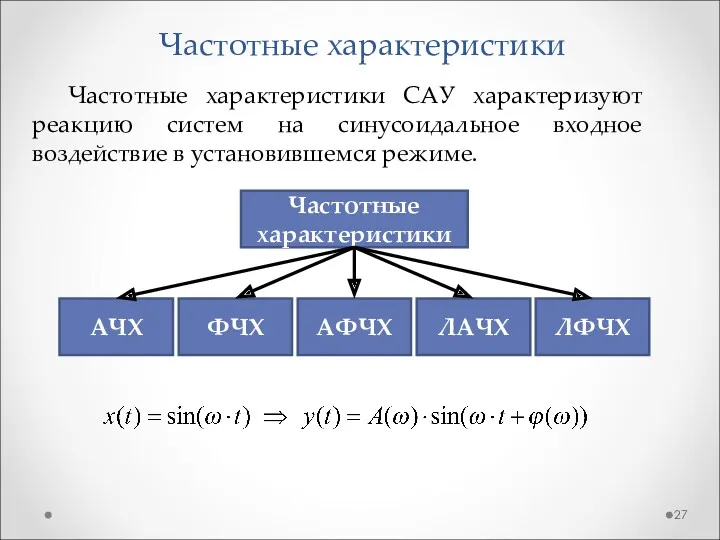 Частотные характеристики Частотные характеристики САУ характеризуют реакцию систем на синусоидальное