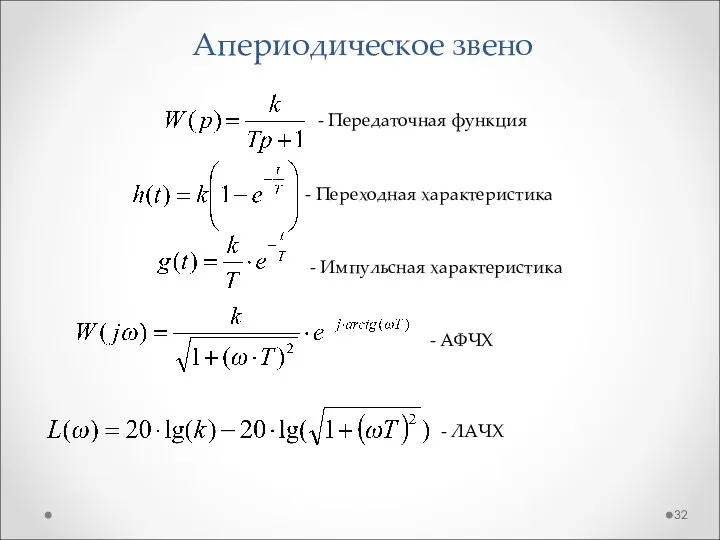 Апериодическое звено - Передаточная функция - Переходная характеристика - Импульсная характеристика - АФЧХ - ЛАЧХ