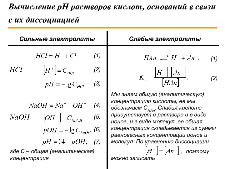 Вычисление рН растворов кислот, оснований в связи с их диссоциацией