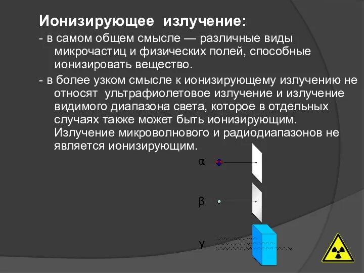 Ионизирующее излучение: - в самом общем смысле — различные виды