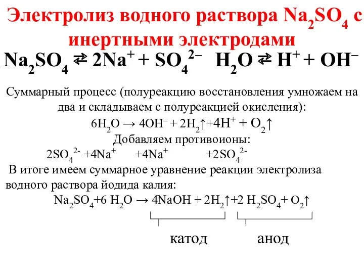 Na2SO4 ⇄ 2Na+ + SO42– Электролиз водного раствора Na2SO4 с