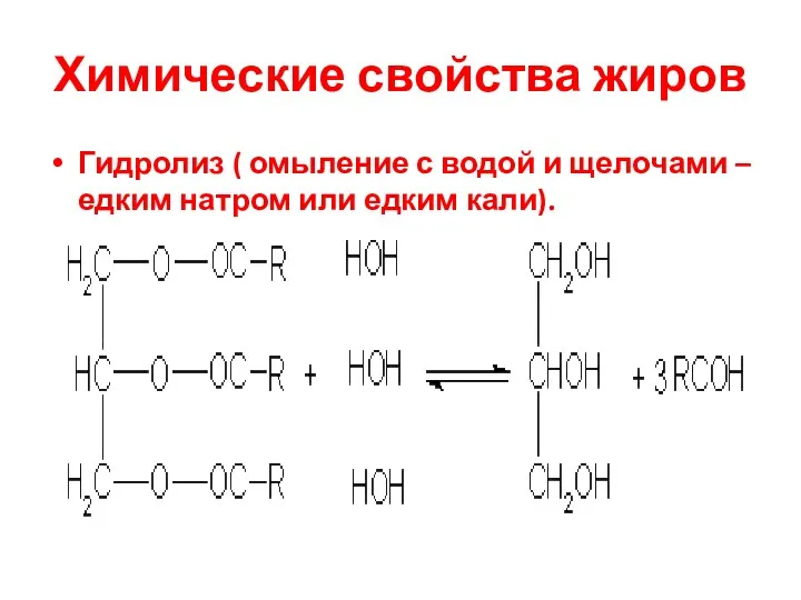 Химические свойства жиров Гидролиз ( омыление с водой и щелочами – едким натром или едким кали).