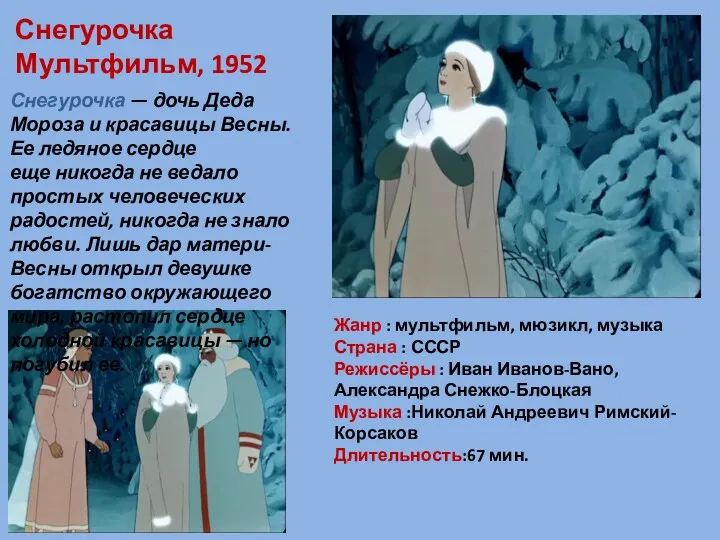 Снегурочка Мультфильм, 1952 Снегурочка — дочь Деда Мороза и красавицы