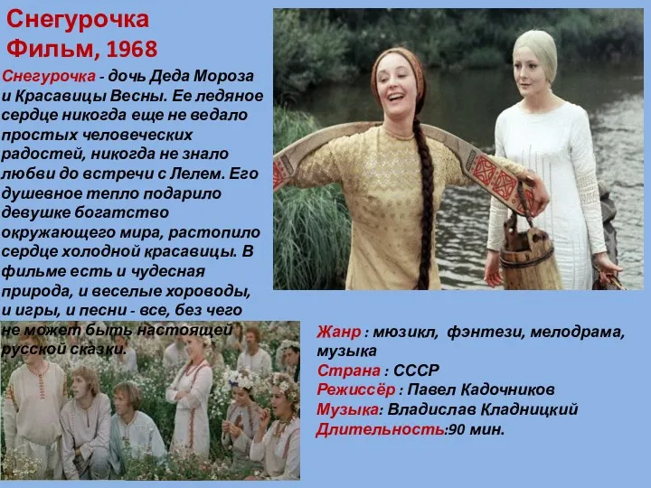 Снегурочка Фильм, 1968 Снегурочка - дочь Деда Мороза и Красавицы