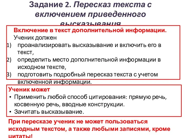 Задание 2. Пересказ текста с включением приведенного высказывания Включение в текст дополнительной информации.