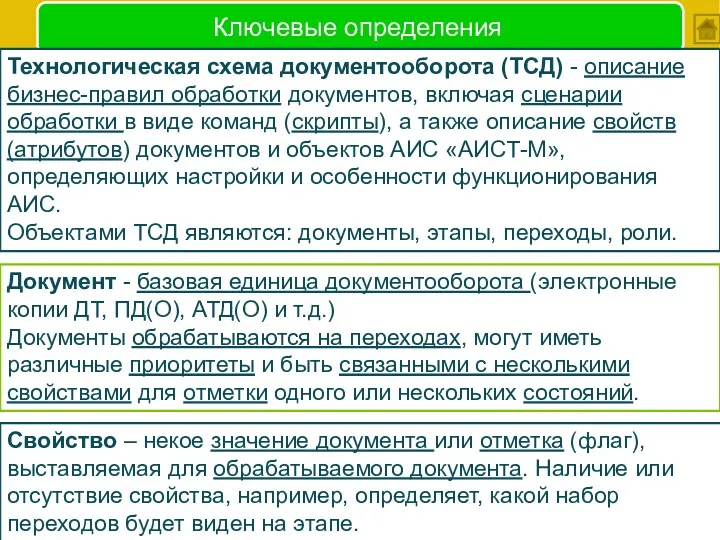 Ключевые определения Технологическая схема документооборота (ТСД) - описание бизнес-правил обработки