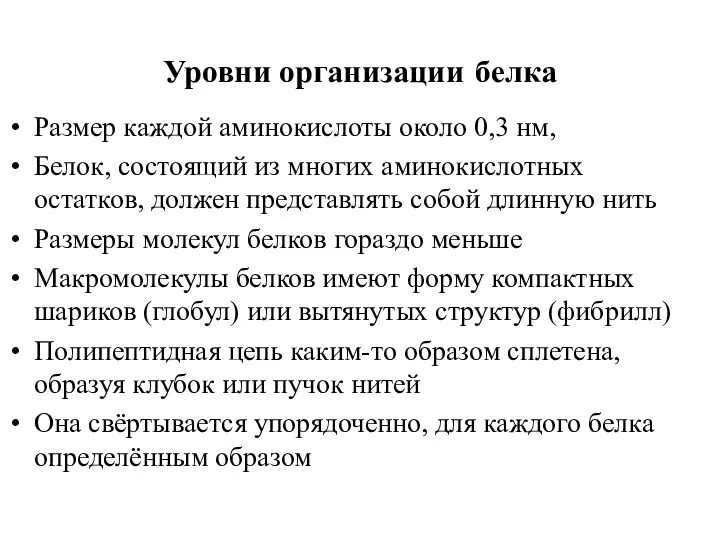 Уровни организации белка Размер каждой аминокислоты около 0,3 нм, Белок,