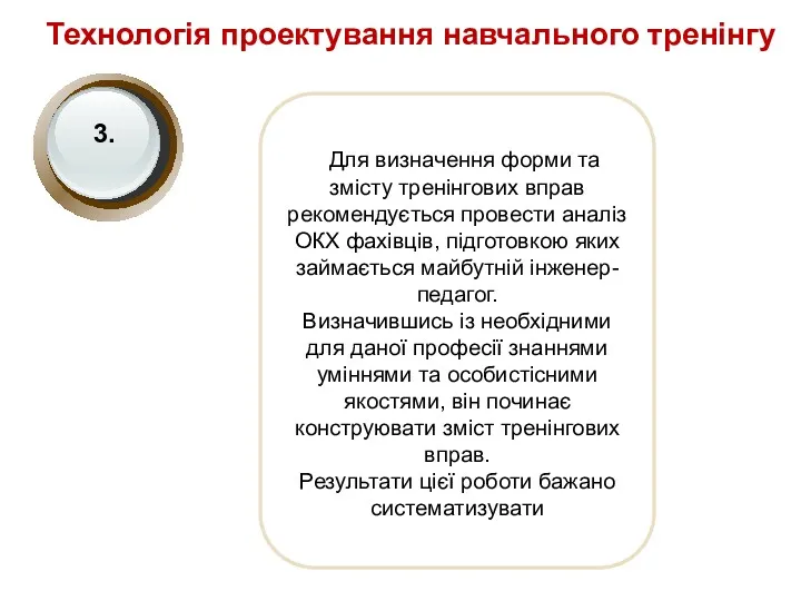 Технологія проектування навчального тренінгу Для визначення форми та змісту тренінгових вправ рекомендується провести