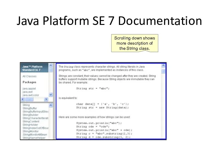 Java Platform SE 7 Documentation Scrolling down shows more description of the String class.