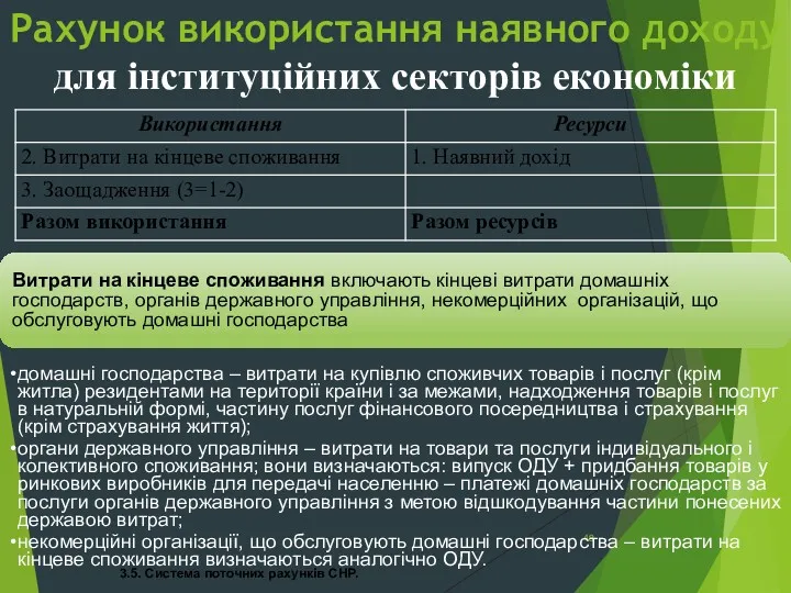 3.5. Система поточних рахунків СНР. Рахунок використання наявного доходу для інституційних секторів економіки