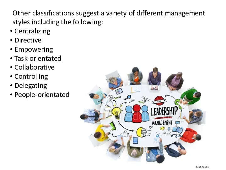 Other classifications suggest a variety of different management styles including the following: Centralizing
