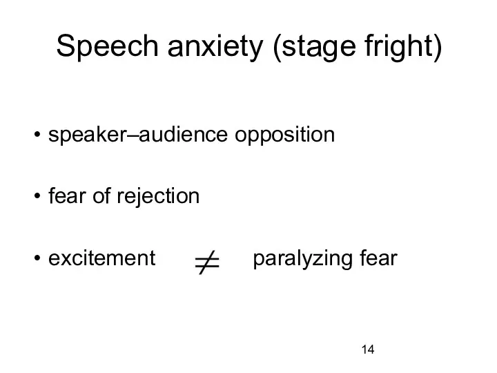 Speech anxiety (stage fright) speaker–audience opposition fear of rejection excitement paralyzing fear