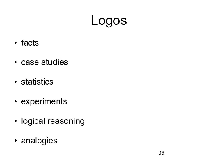 Logos facts case studies statistics experiments logical reasoning analogies
