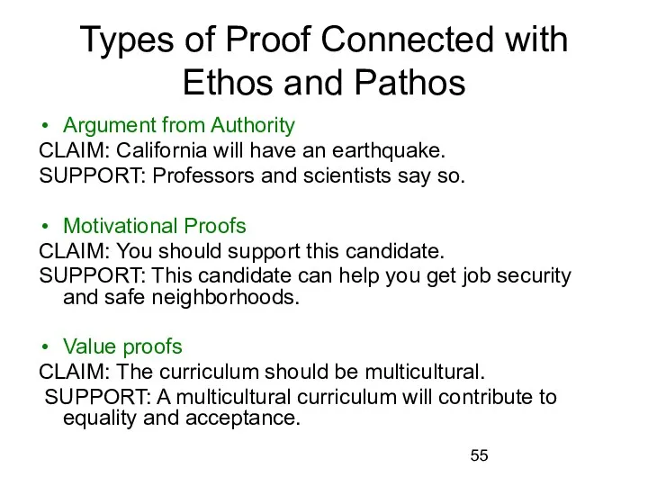 Types of Proof Connected with Ethos and Pathos Argument from Authority CLAIM: California