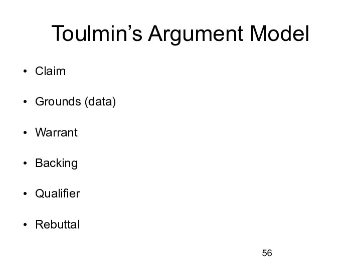 Toulmin’s Argument Model Claim Grounds (data) Warrant Backing Qualifier Rebuttal