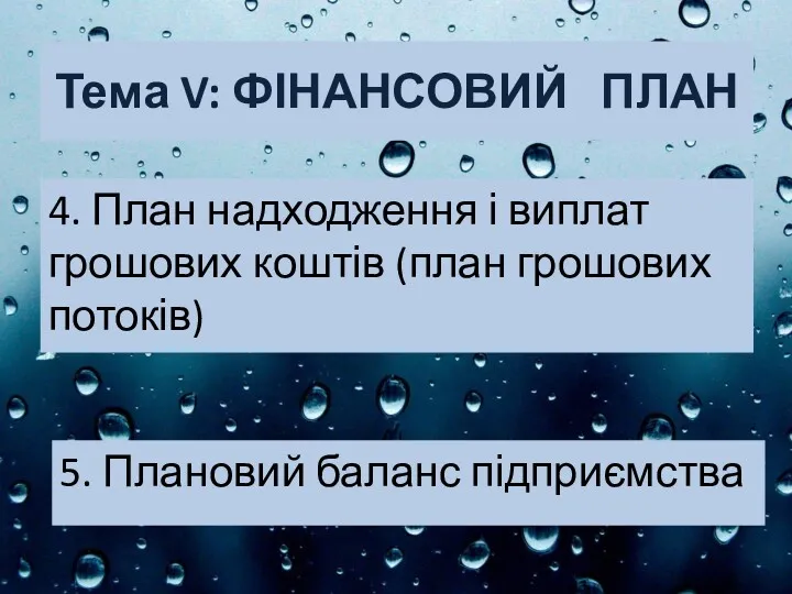 Тема V: ФІНАНСОВИЙ ПЛАН 5. Плановий баланс підприємства 4. План