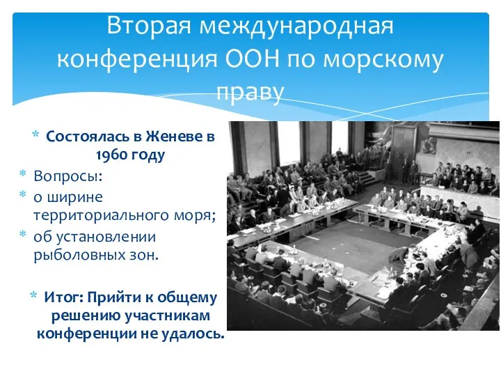 Состоялась в Женеве в 1960 году Вопросы: о ширине территориального