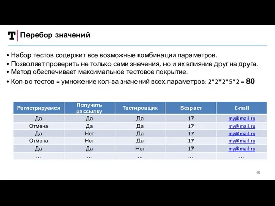 Перебор значений • Набор тестов содержит все возможные комбинации параметров.