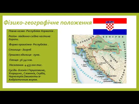 Фізико-географічне положення Повна назва- Республіка Хорватія . Регіон- південно-східна частина