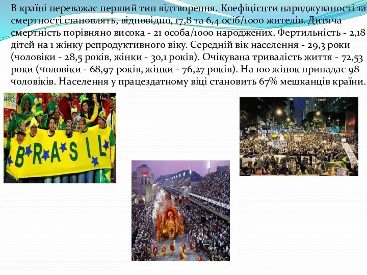 В країні переважає перший тип відтворення. Коефіцієнти народжуваності та смертності