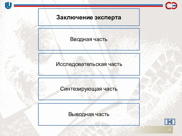 Заключение эксперта Вводная часть Исследовательская часть Синтезирующая часть Выводная часть