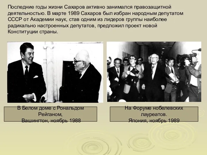 Последние годы жизни Сахаров активно занимался правозащитной деятельностью. В марте 1989 Сахаров был