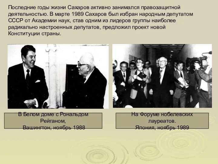 Последние годы жизни Сахаров активно занимался правозащитной деятельностью. В марте