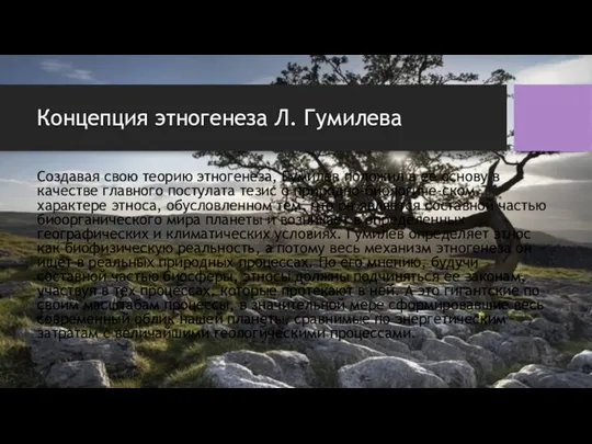 Концепция этногенеза Л. Гумилева Создавая свою теорию этногенеза, Гумилев положил