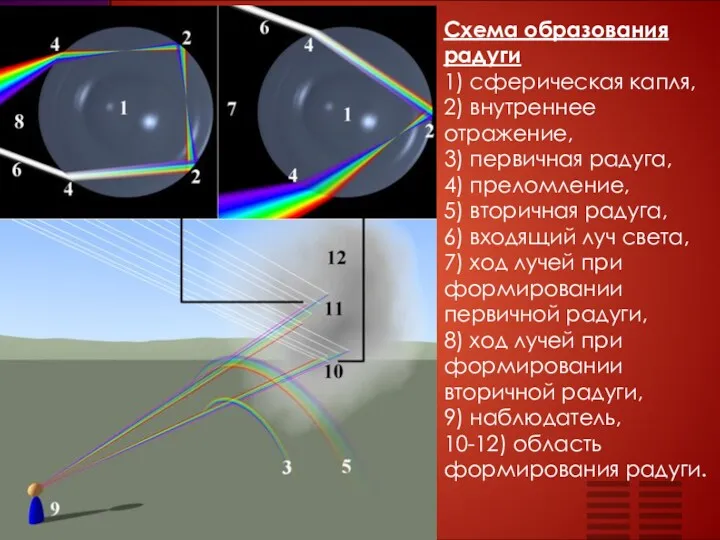 Схема образования радуги 1) сферическая капля, 2) внутреннее отражение, 3)