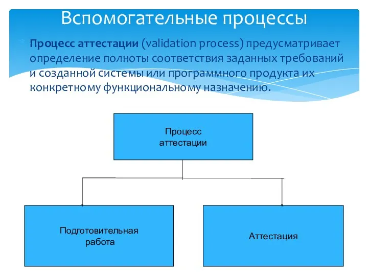 Вспомогательные процессы Процесс аттестации (validation process) предусматривает определение полноты соответствия