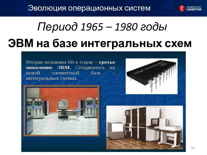 Период 1965 – 1980 годы ЭВМ на базе интегральных схем Эволюция операционных систем