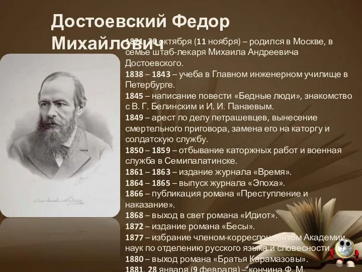 Достоевский Федор Михайлович 1821, 30 октября (11 ноября) – родился