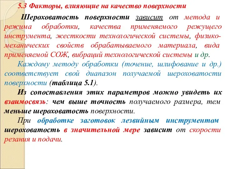 5.3 Факторы, влияющие на качество поверхности Шероховатость поверхности зависит от