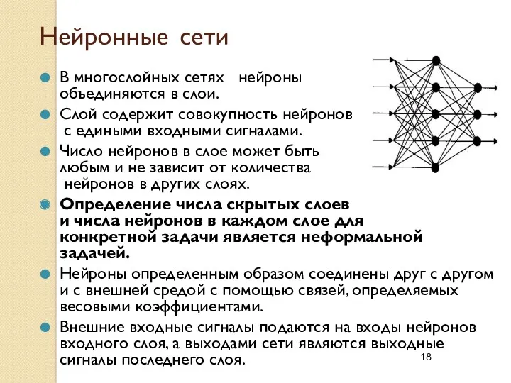 Нейронные сети В многослойных сетях нейроны объединяются в слои. Слой содержит совокупность нейронов