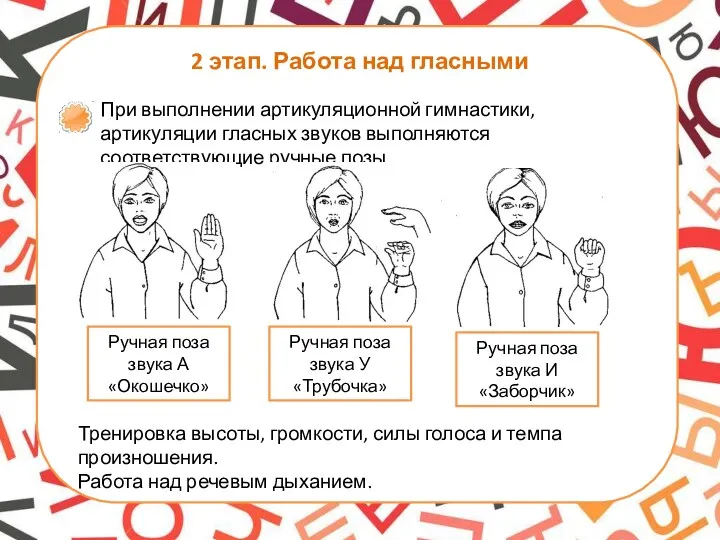 2 этап. Работа над гласными При выполнении артикуляционной гимнастики, артикуляции