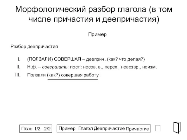 Морфологический разбор глагола (в том числе причастия и деепричастия) ⮶