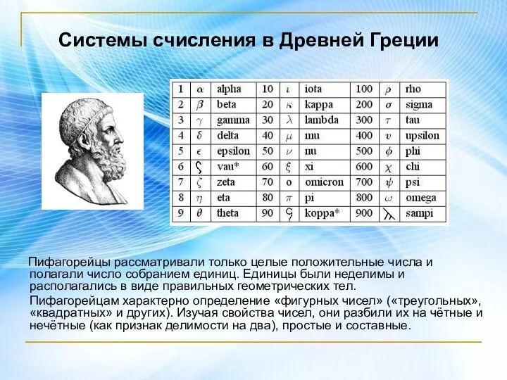 Пифагорейцы рассматривали только целые положительные числа и полагали число собранием