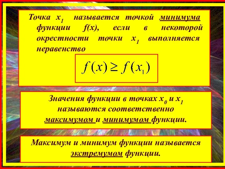 Точка х1 называется точкой минимума функции f(x), если в некоторой