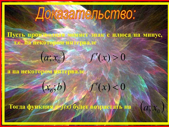 Доказательство: Пусть производная меняет знак с плюса на минус, т.е.