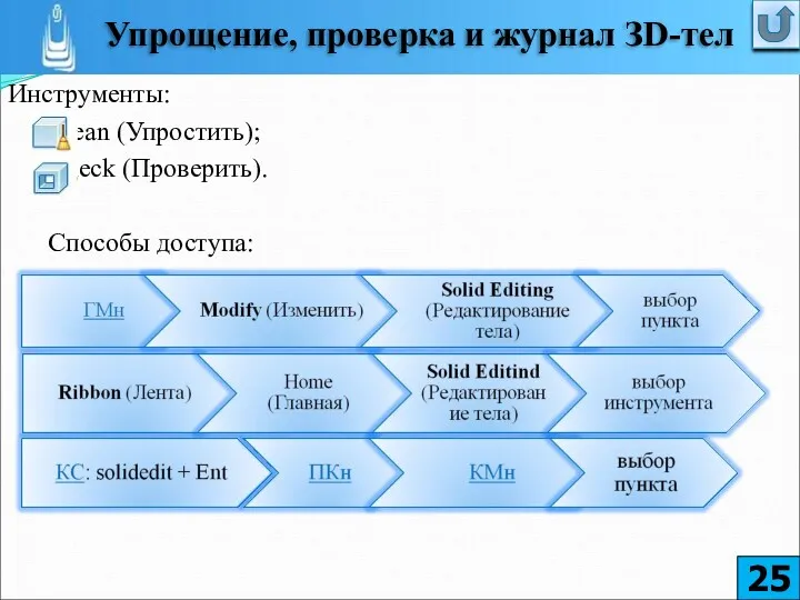 Инструменты: Clean (Упростить); Check (Проверить). Способы доступа: