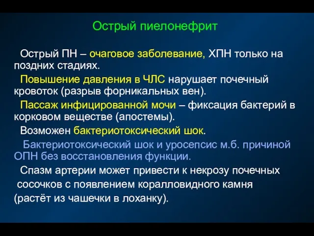 Острый пиелонефрит Острый ПН – очаговое заболевание, ХПН только на