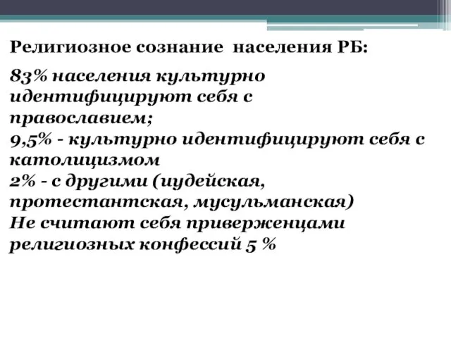 Религиозное сознание населения РБ: 83% населения культурно идентифицируют себя с