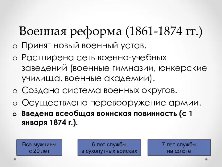 Военная реформа (1861-1874 гг.) Принят новый военный устав. Расширена сеть