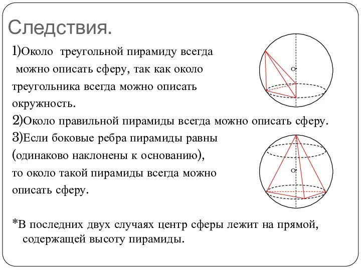 Следствия. 1)Около треугольной пирамиду всегда можно описать сферу, так как