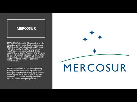 MERCOSUR MERCOSUR stands for Mercado Comun del Cono Sur which